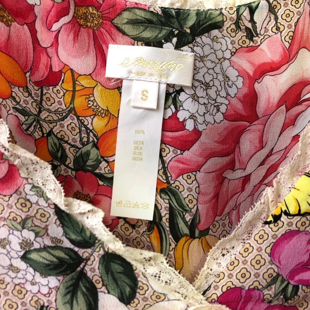 Emamo Vintage Silk Tan Pink Floral Ruffle Lace Shabby Chic Babydoll Dress S - Picture 7 of 9